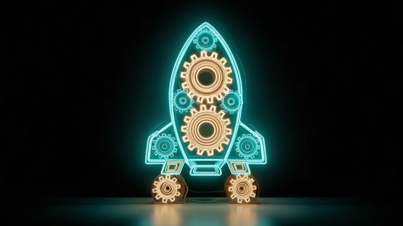 Glowing steampunk rocket lamp with a complex gear mechanism turning inside its cyan neon outline against a dark background, symbolizing innovation, startup, and technological progress