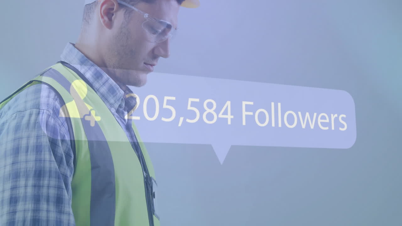 329,020 Followers animation over construction worker wearing safety gear