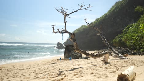 wide shot of a swing on a beach in uluwatu, bali