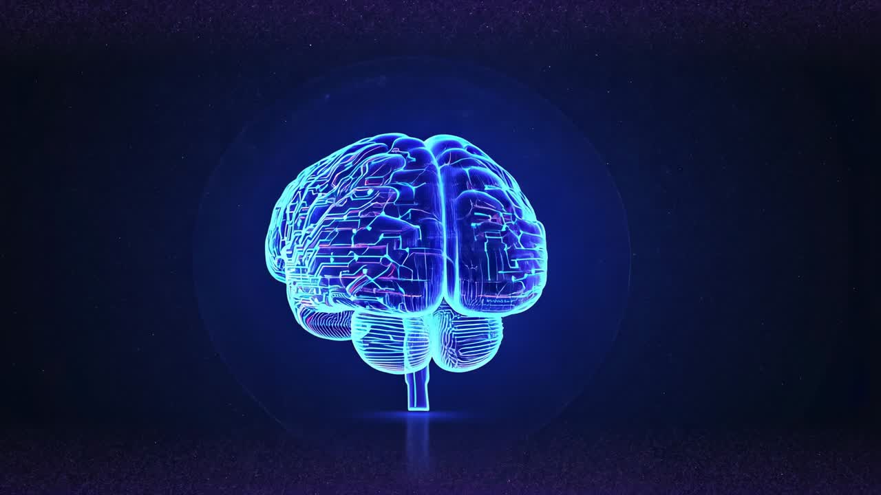 Displaying neon-blue digital brain wireframe rotating in dark studio, highlighting network pathways
