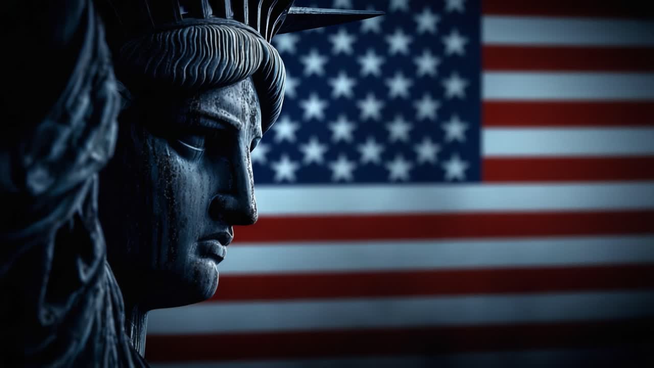 A Stunning Close-Up of an Iconic Statue with the American Flag Highlighting Themes of Freedom, Hope, and American Values