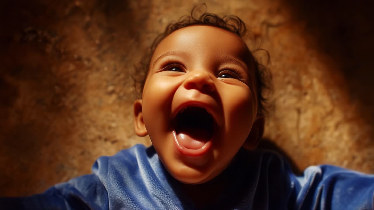 Un bambino gioioso con un sorriso contagioso, che irradia felicità e allegria mentre indossa un comodo completino blu, immortalato in un momento di pura beatitudine e innocenza
