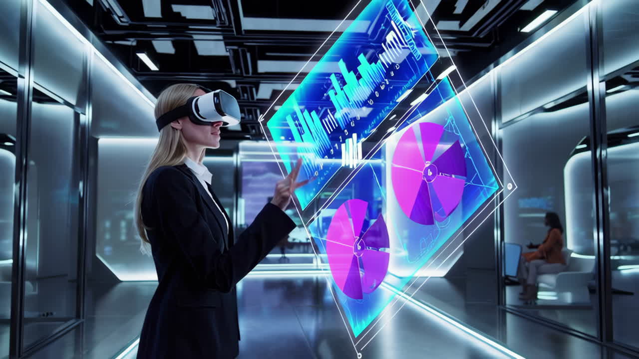 Business woman using VR headset in a futuristic office, interacting with data visualizations