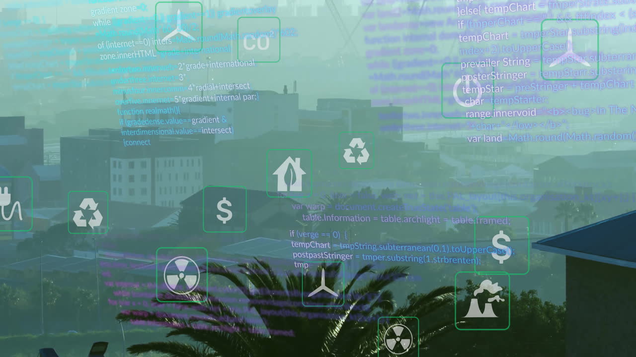 Animation of coding symbols overlaying urban landscape with palm trees in background