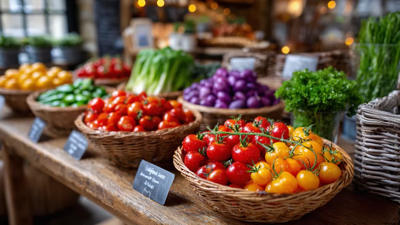Vibrant Fresh Produce Display: A Bountiful Array of Colorful Fruits and Vegetables at a Local Market, Showcasing Nature's Abundance and Culinary Inspiration