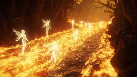 a magical display of ethereal fairy figures dancing over a flowing river of lava beneath a golden-hued forest canopy, capturing a breathtaking fantastical scene