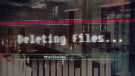 animation of financial data processing over empty office