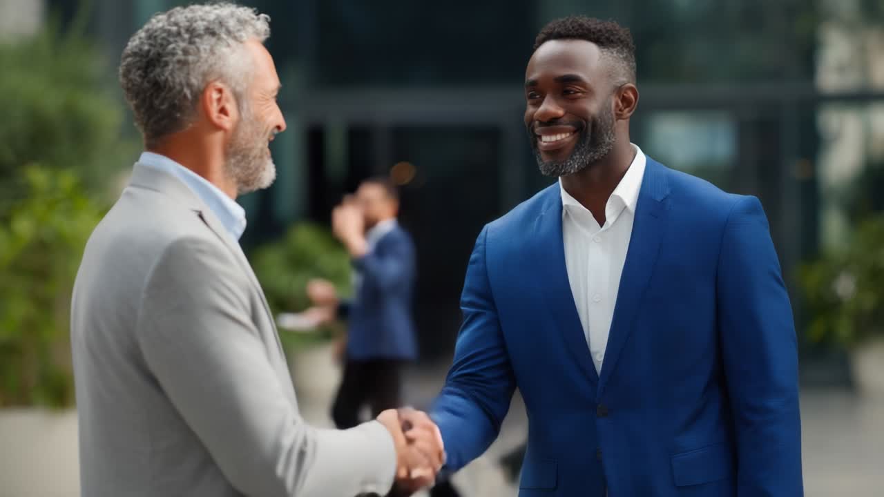 Businessmen shaking hands outdoors