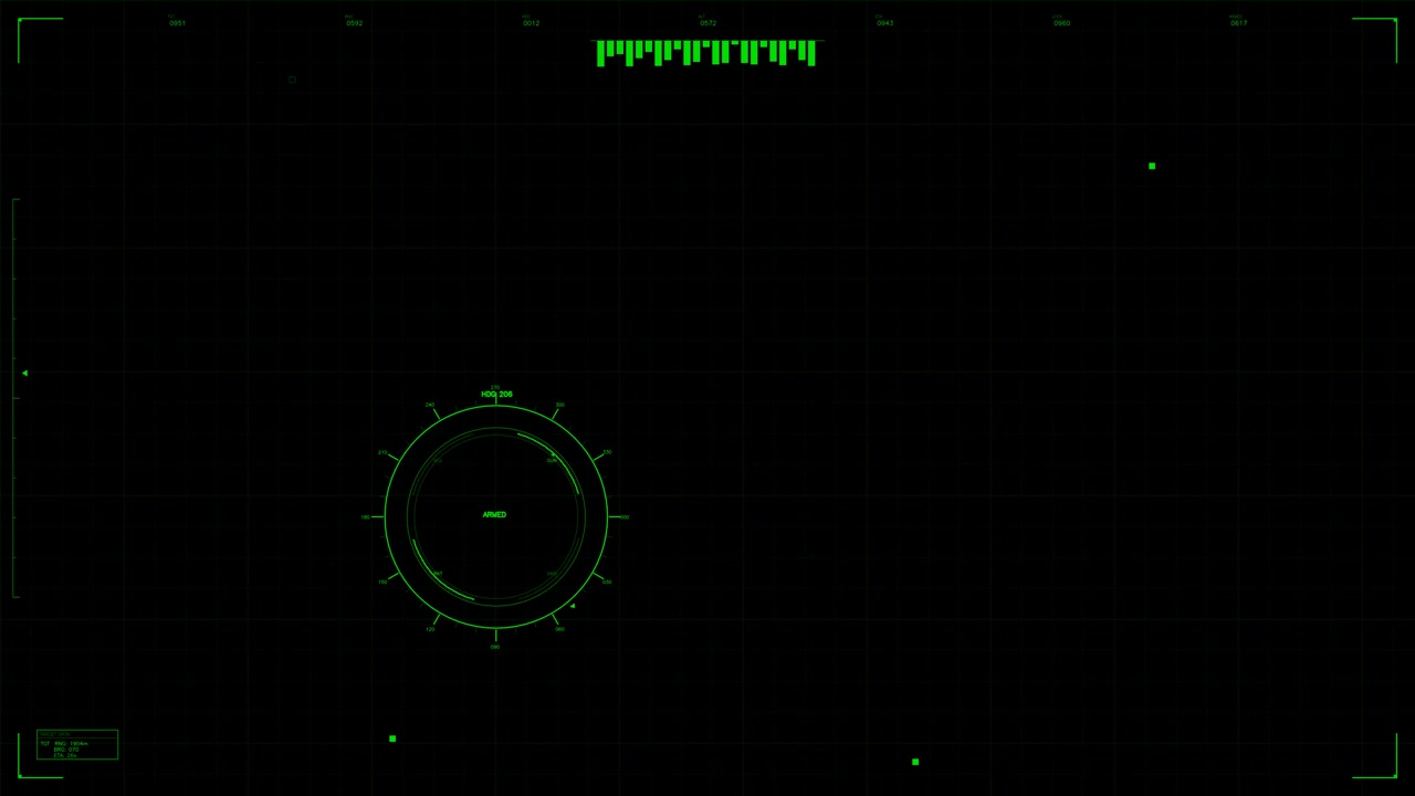 Digital display shows a military heads up display with green graphics. The interface indicates data points and targeting features for a combat scenario