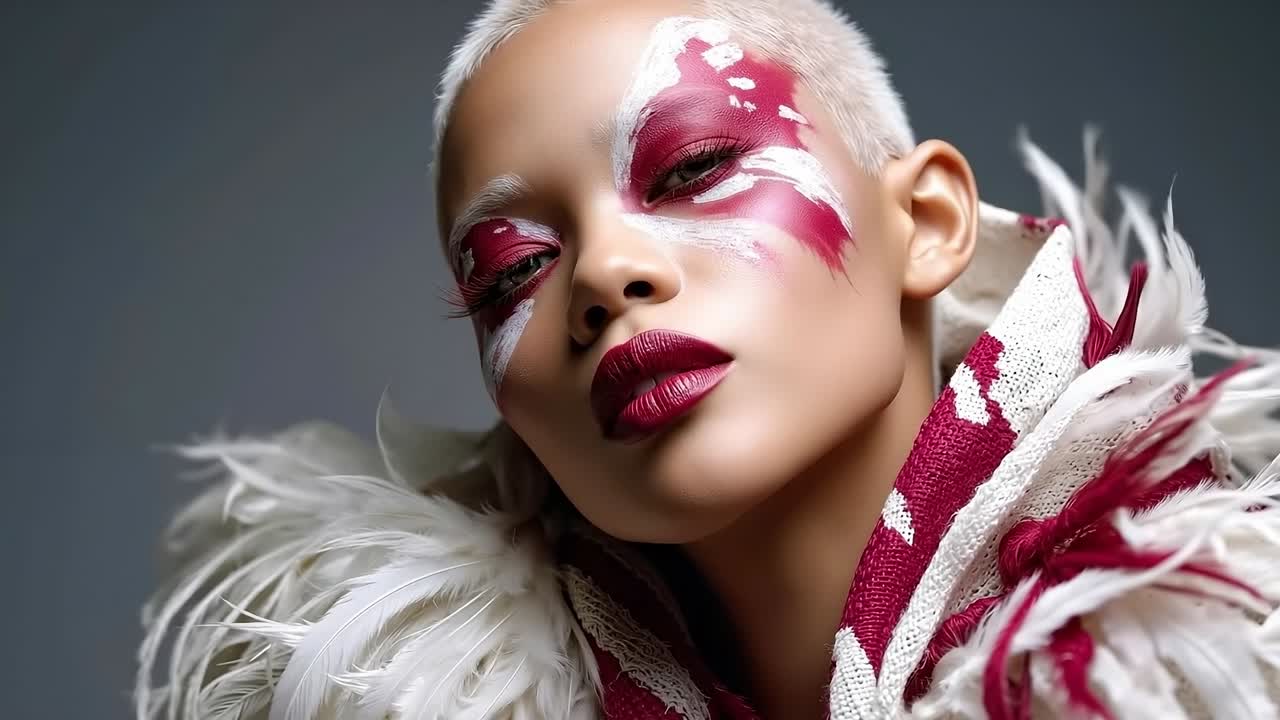 A woman with white feathers on her face and red lipstick