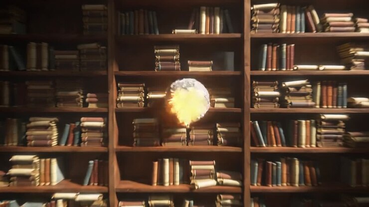 Sfera danneggiata che entra in collisione con gli scaffali di una biblioteca nel corridoio, spargendo libri, pagine e polvere.