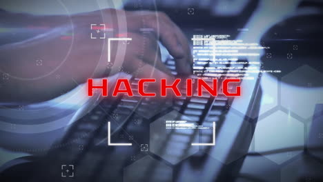 animación de hackeo de texto sobre procesamiento de datos y empresario caucásico usando computadora