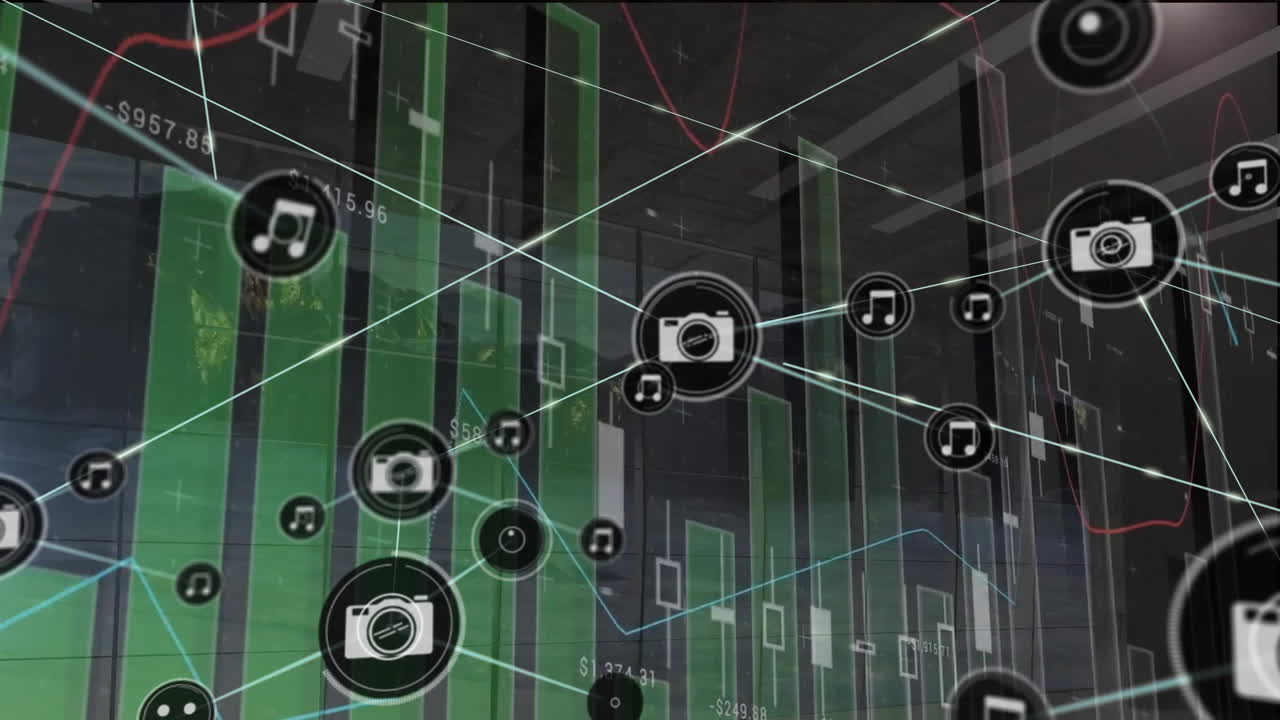 Animation of network of connections with icons and data processing