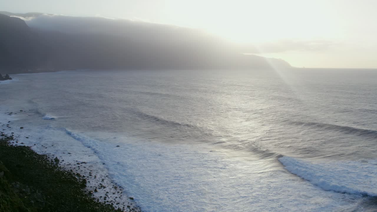 Dramatic Ocean Waves Crashing on a Rocky Coastline at Sunset