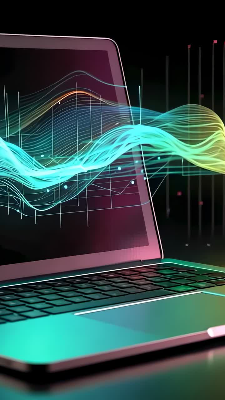 Vertical video: Opening laptop showing waveform on screen in studio, with data visualization