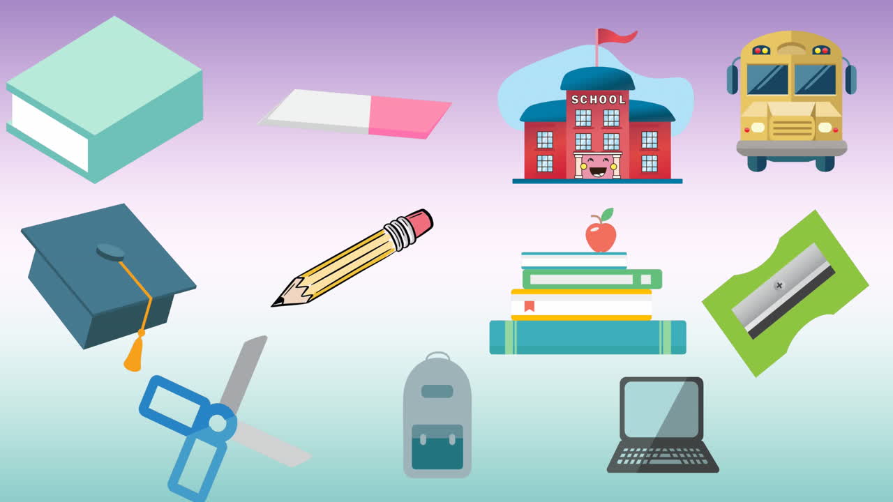 Animation of school icons over gradient purple to green background