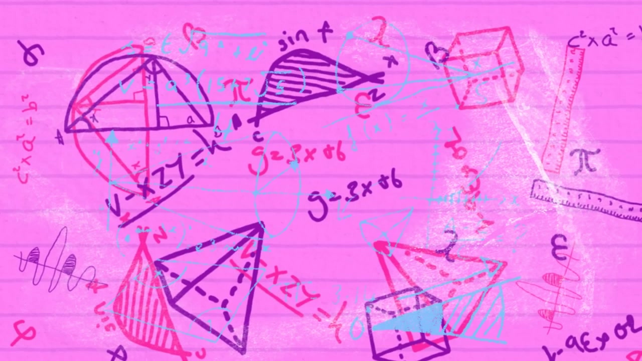 Animation of mathematical equations and colorful computer and molecule on white background