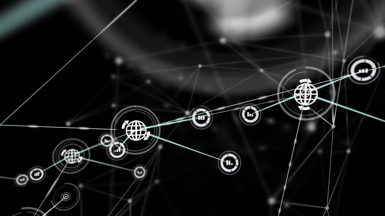 Animation of networks of connections with icons over black background