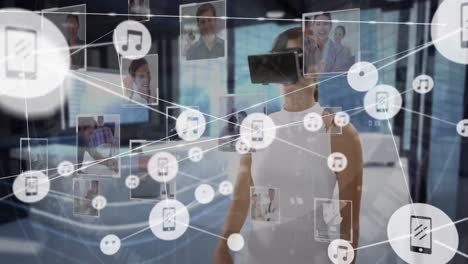 Animation of network of connections with icons over businesswoman wearing vr headset