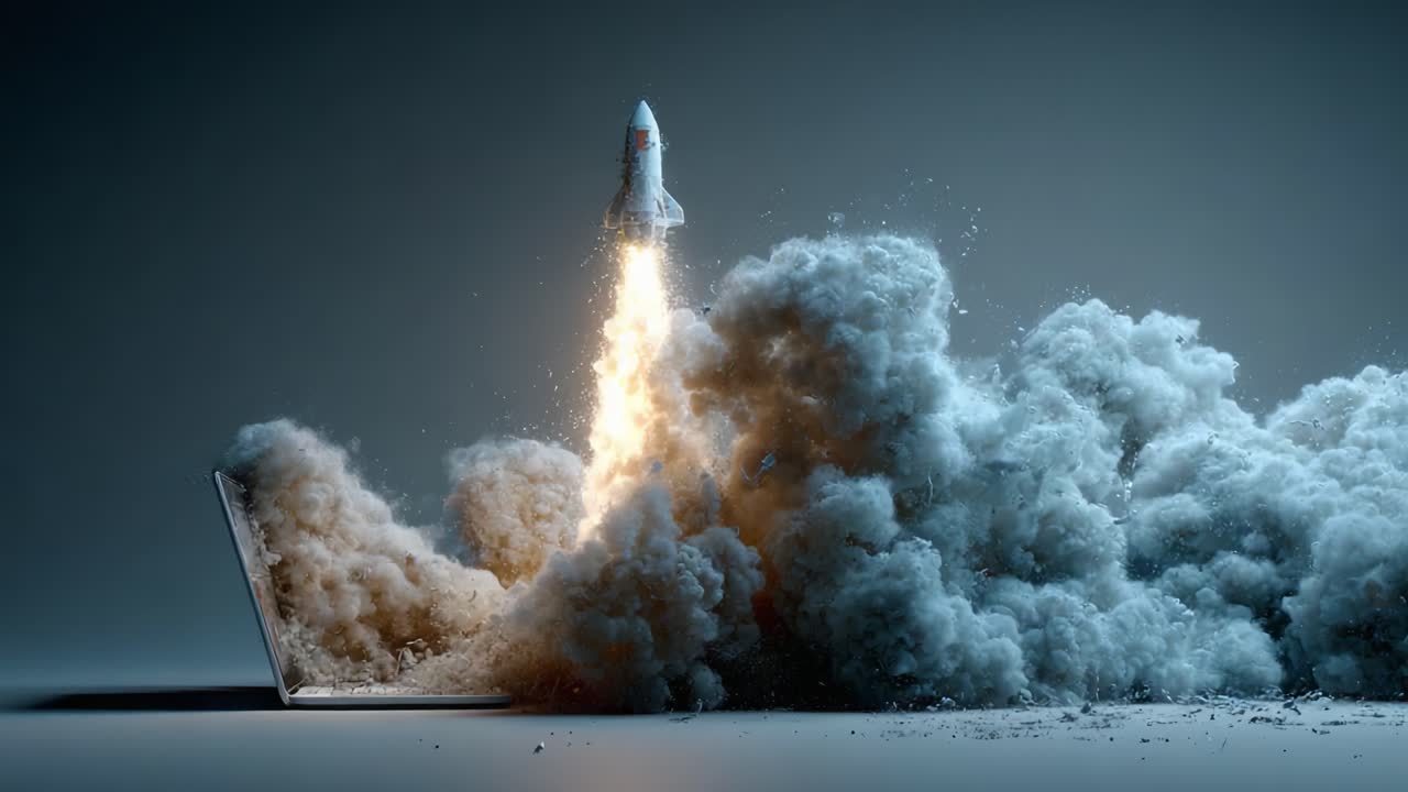A Rocket Launching from a Laptop: A Stunning Visual Representing Innovation, Technology, and the Future of Computing in a Dramatic Cloud of Smoke and Flames