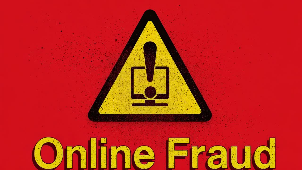 Starting playback displaying warning triangle, online fraud on red screen, warning viewers of scam