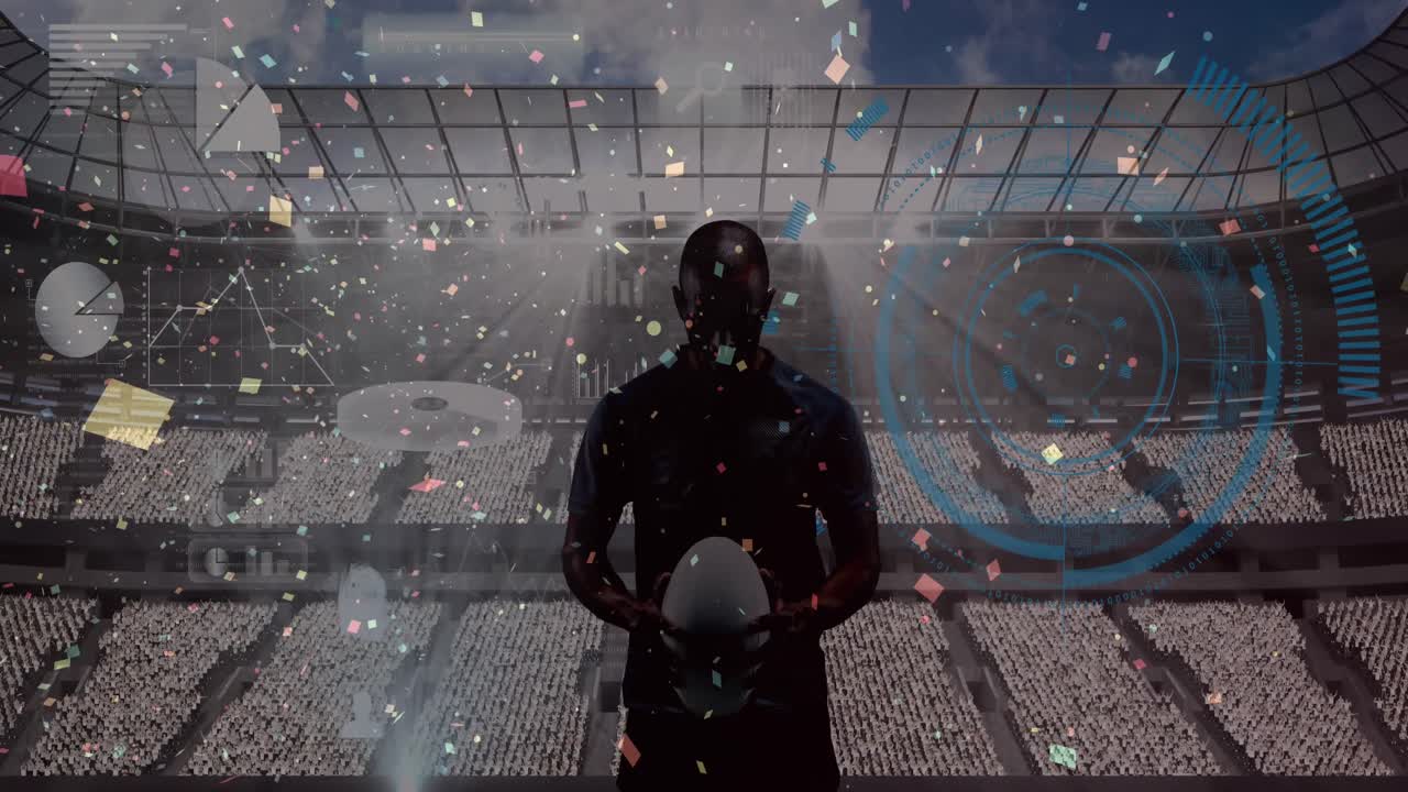 콩페티가 떨어지고 남성 럭비 선수가 스포츠 경기장을 상대로 공을 들고 있는 둥근 스캐너