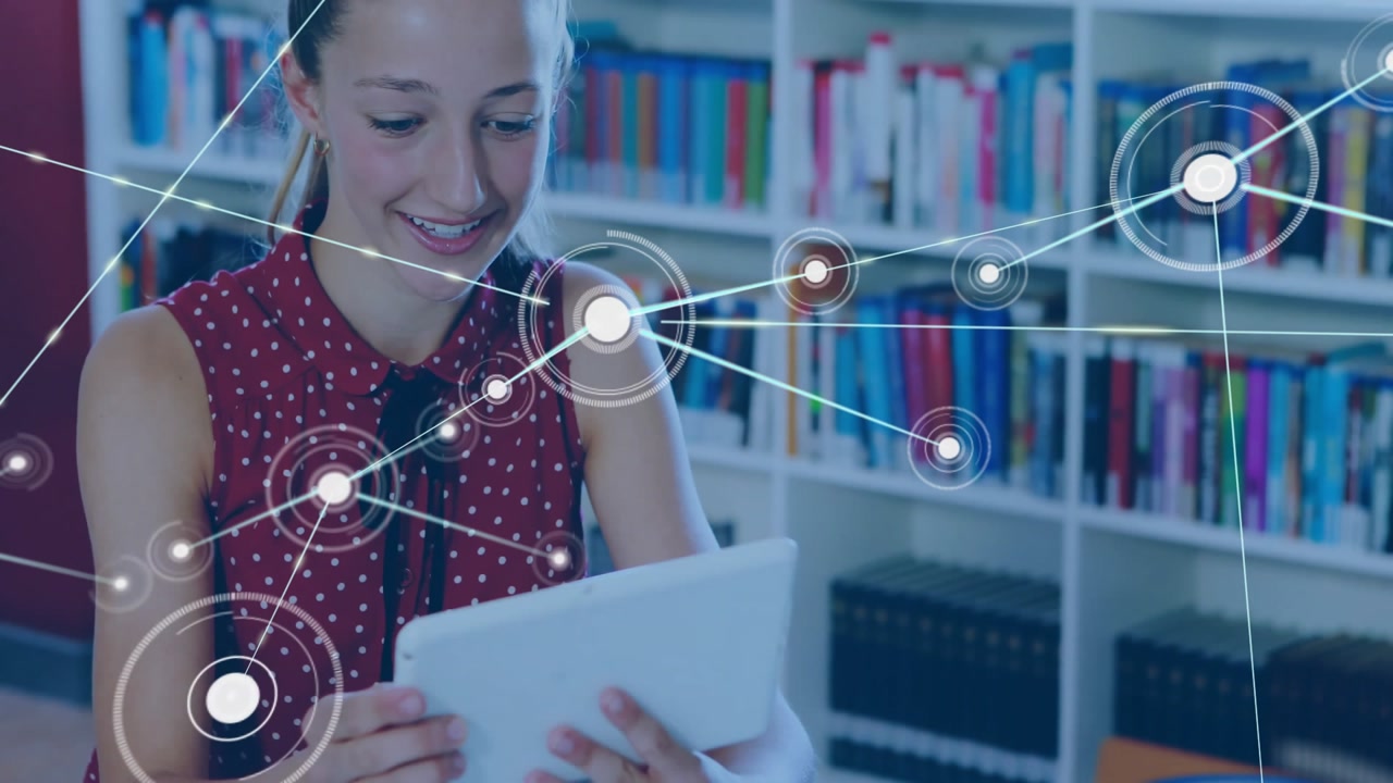 Teenage student tapping tablet in education space creating node network overlay mapping connections