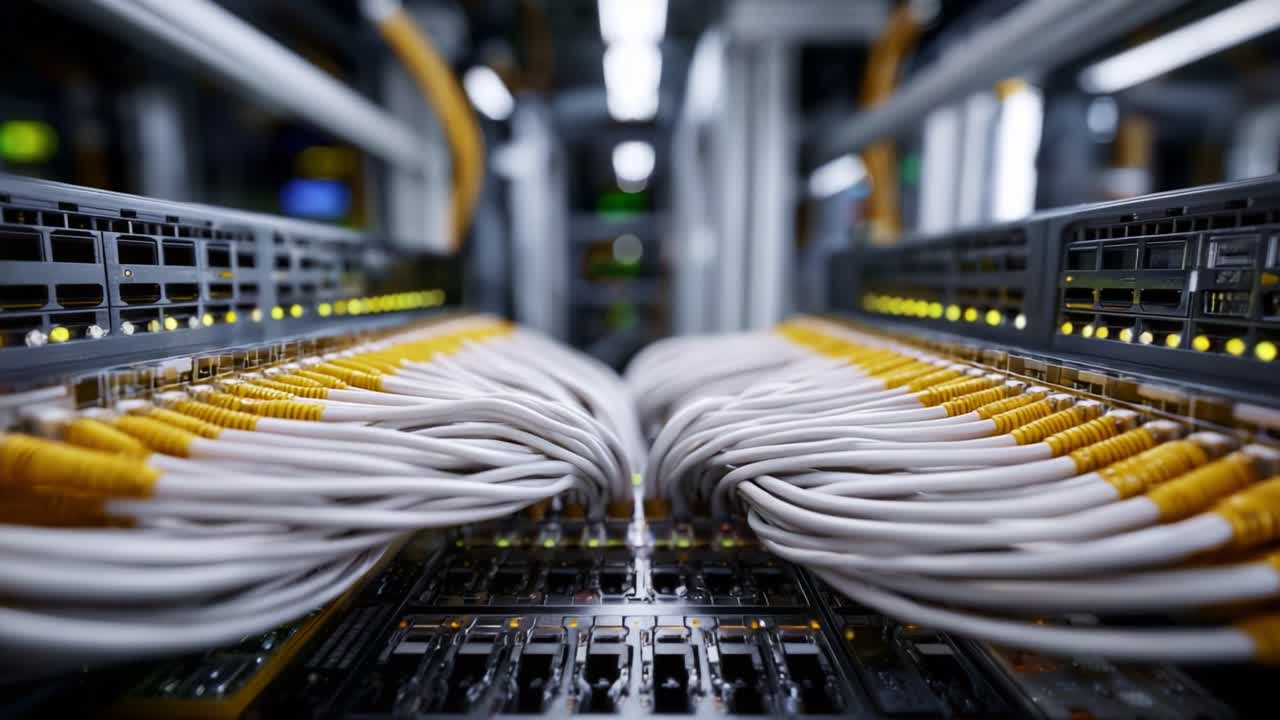A detailed view of interconnected cables in a high-tech server rack highlighting the importance of networking infrastructure in modern data centers