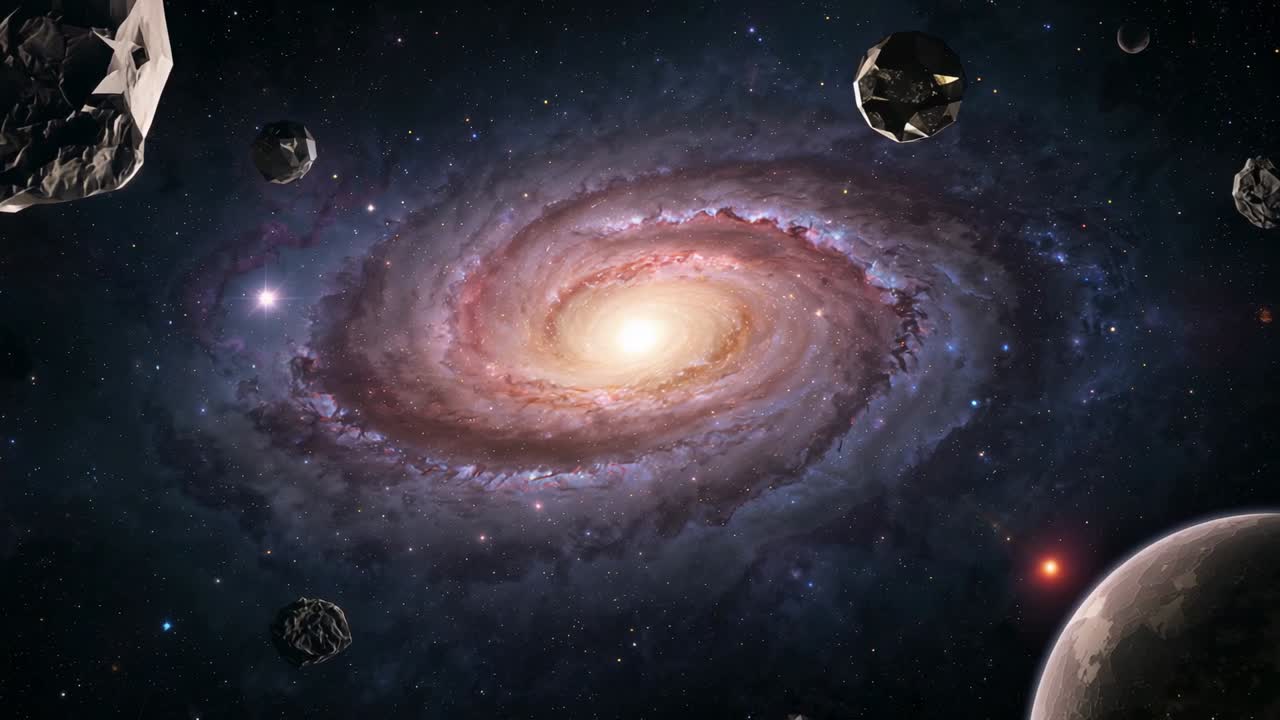 Panning camera observing rotating spiral galaxy in deep space, with drifting asteroids and planet