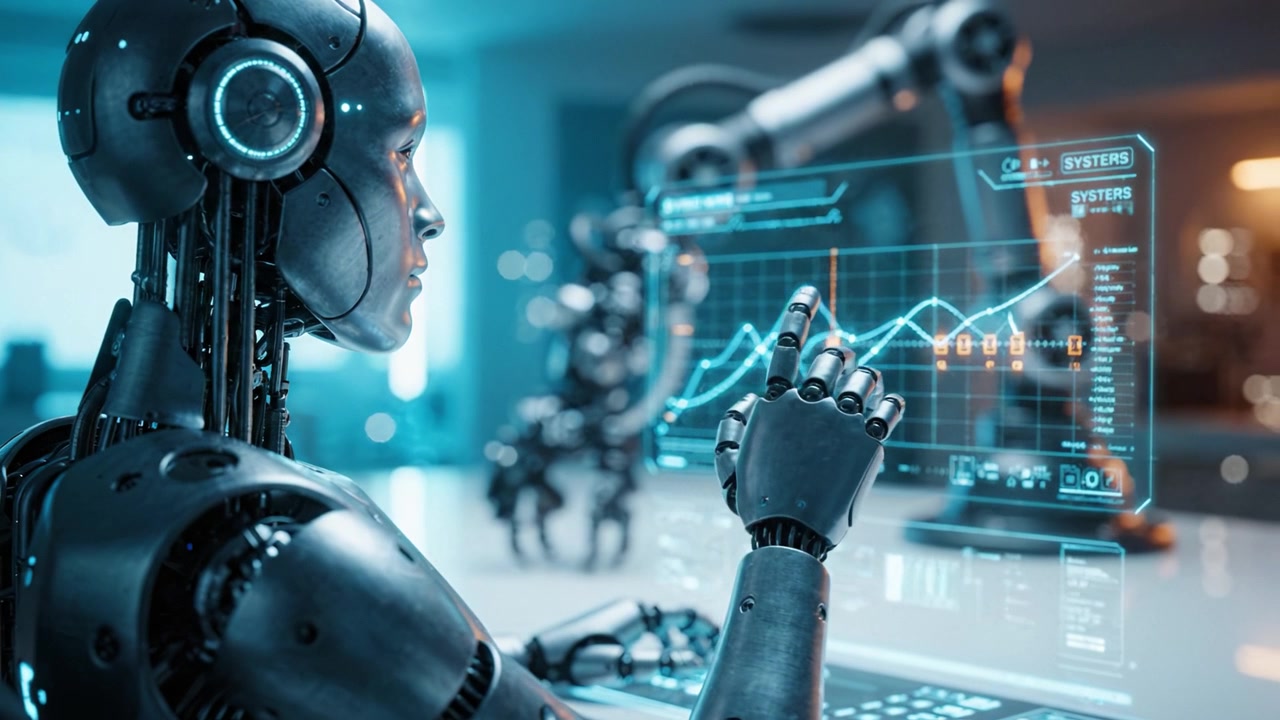 A robotic figure analyzing data on a futuristic display, showcasing advanced technology and artificial intelligence capabilities in a high-tech environment.