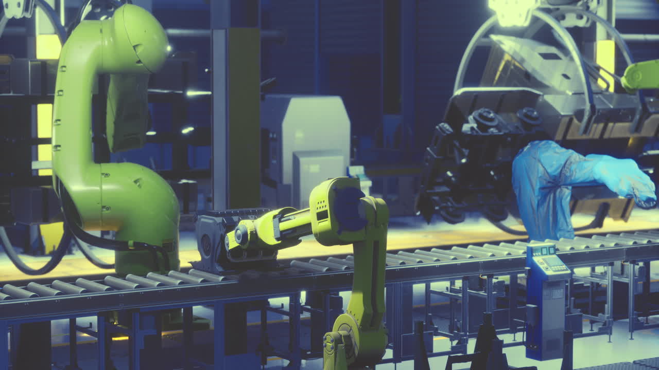 Advanced robotics at work in a modern manufacturing facility during night shift