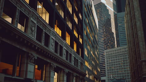 urban buildings reflecting sunset light in a bustling city landscape