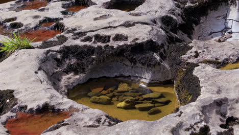 shot of limestone swiss cheese holes with water and gravel inside