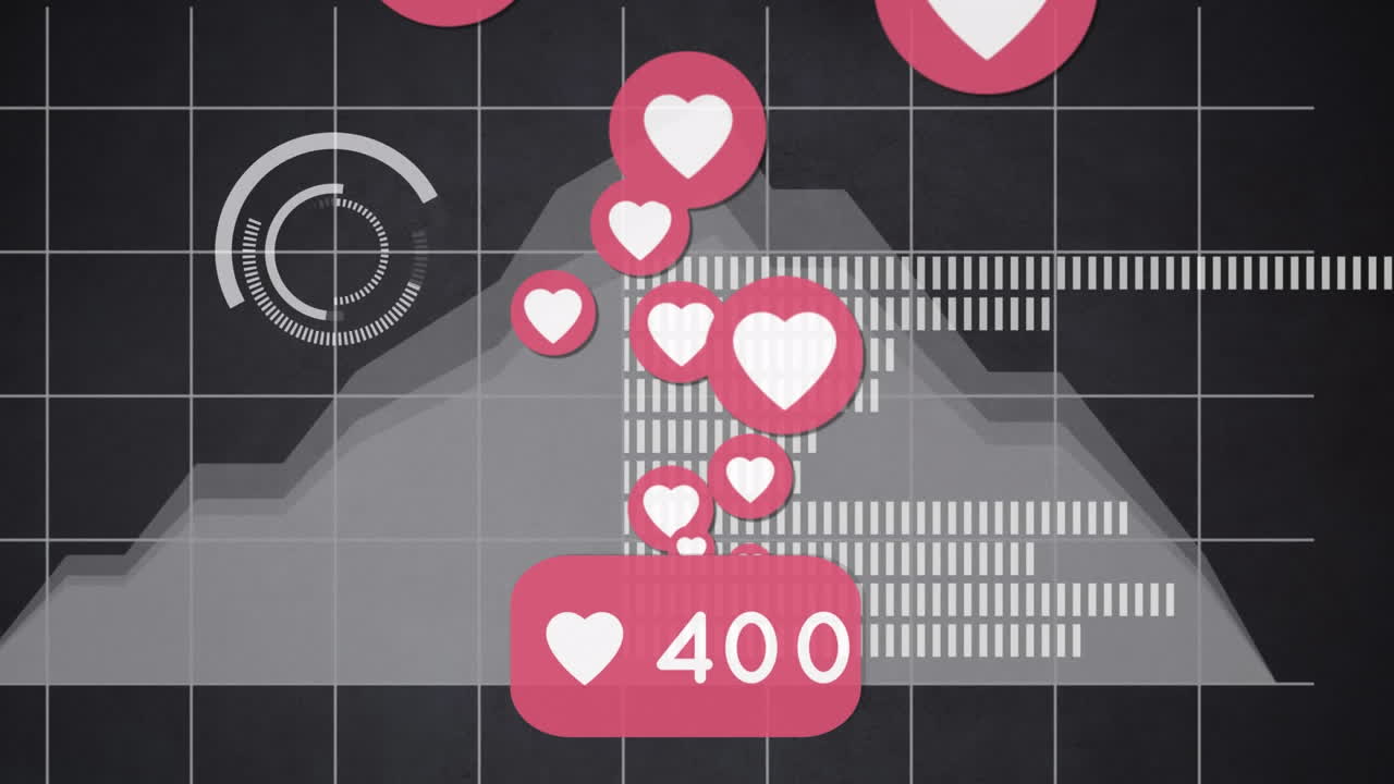 animación de iconos y números de redes sociales sobre estadísticas y procesamiento de datos