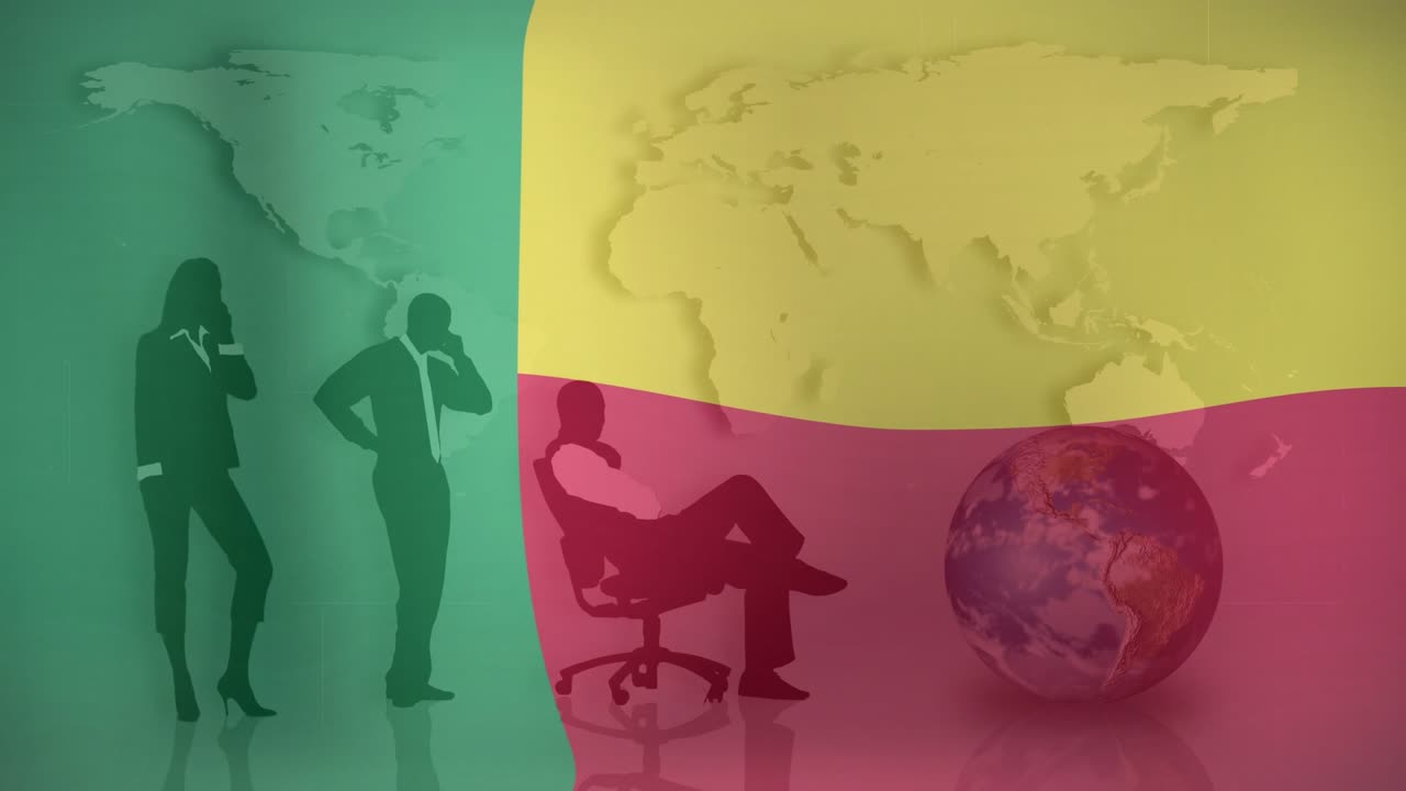 Onda magenta che sale, spingendo figure d'ufficio nell'inquadratura mentre un globo ruota per un focus globale.