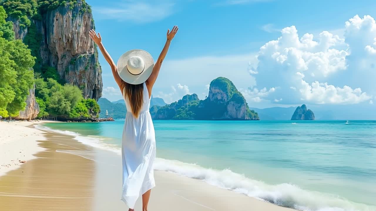 una mujer con un vestido blanco y un sombrero de pie en una playa con los brazos extendidos