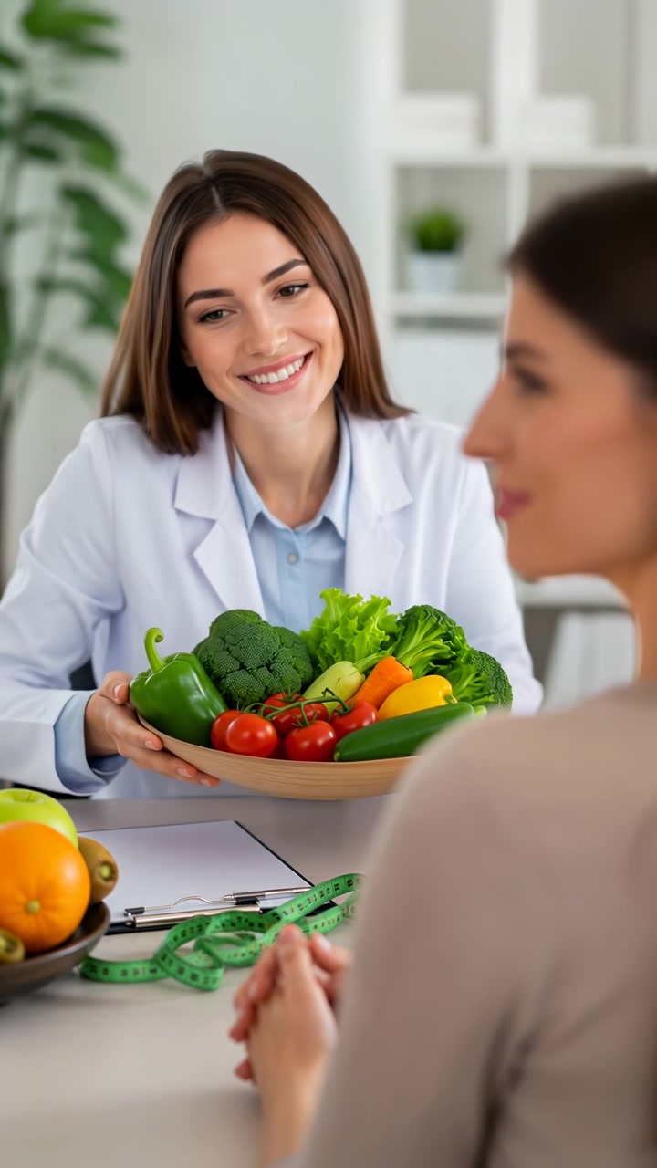 Nutrizionista donna bianca che offre verdure fresche durante una consultazione clinica amichevole, professionista sorridente.