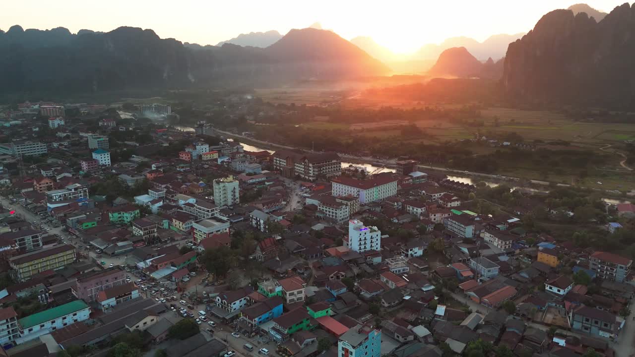 Laos Aerial sunset view Vang Vieng north of Vientiane, on the Nam Song River