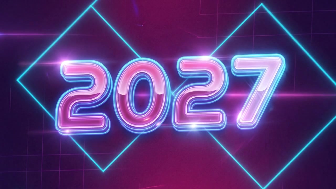 Animazione testo luminoso al neon 2027 con sfondo futuristico