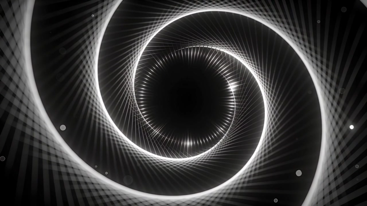 Banda luminosa che entra in una spirale a sinistra, ruotando e chiudendo tacche radiali, con punti che fluttuano in un ciclo nel vuoto.
