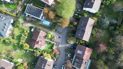 top down drone shot flying along a typical street in heidelberg