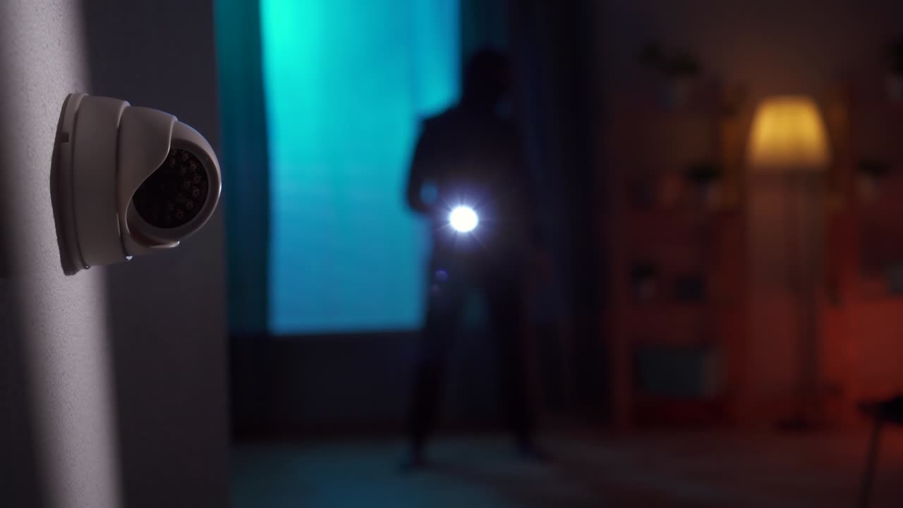 집 안의 알람 센서가 작동했습니다. 발라클라바를 입은 강도가 우리 뒤에 있습니다.