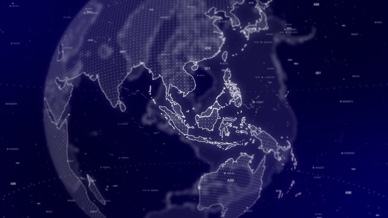 영화적 비디오 배경은 말레이시아 국가를 확대하여 회전하는 디지털 지구를 보여줍니다.