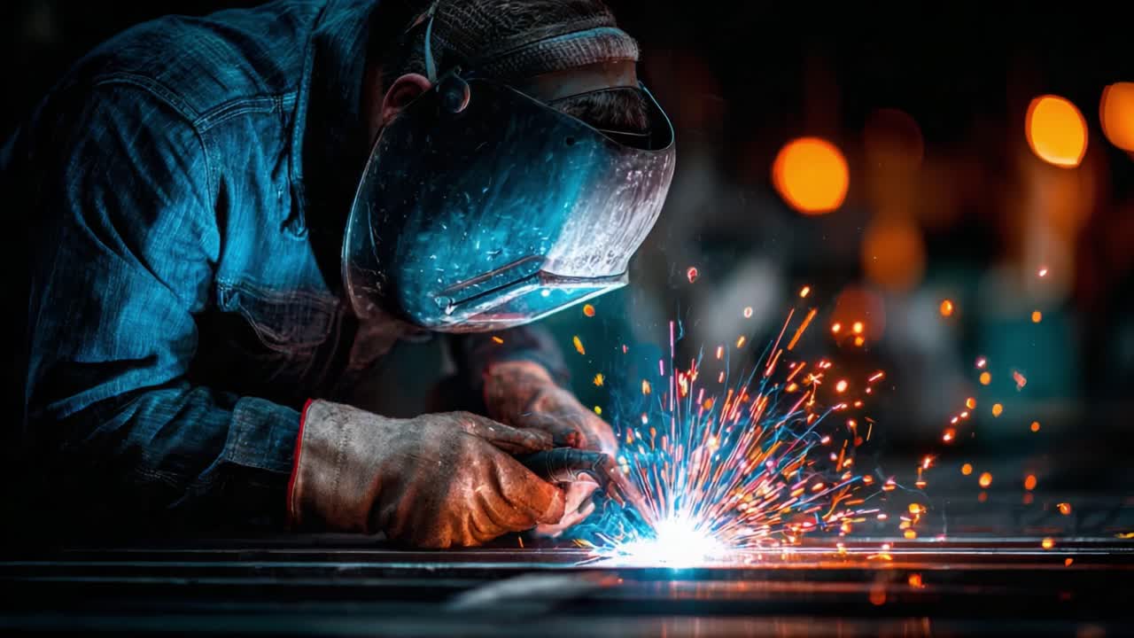 A skilled welder in action, using a welding torch to create sparks and smoke, illustrating the artistry and intensity of metalwork in a dimly lit workshop environment