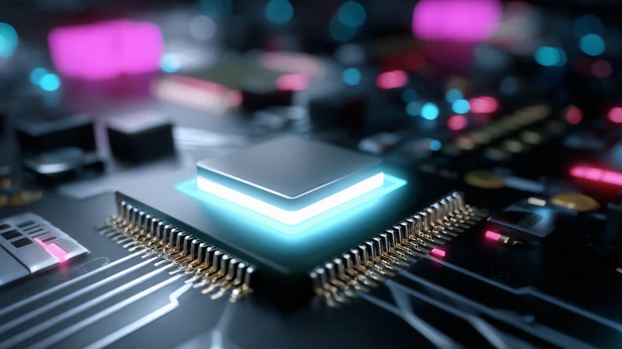 A Close-Up Exploration of a Circuit Board Featuring a Central Processing Unit Displaying Vibrant Colors, Illustrating Modern Technology and Electronics in a Captivating Visual Presentation