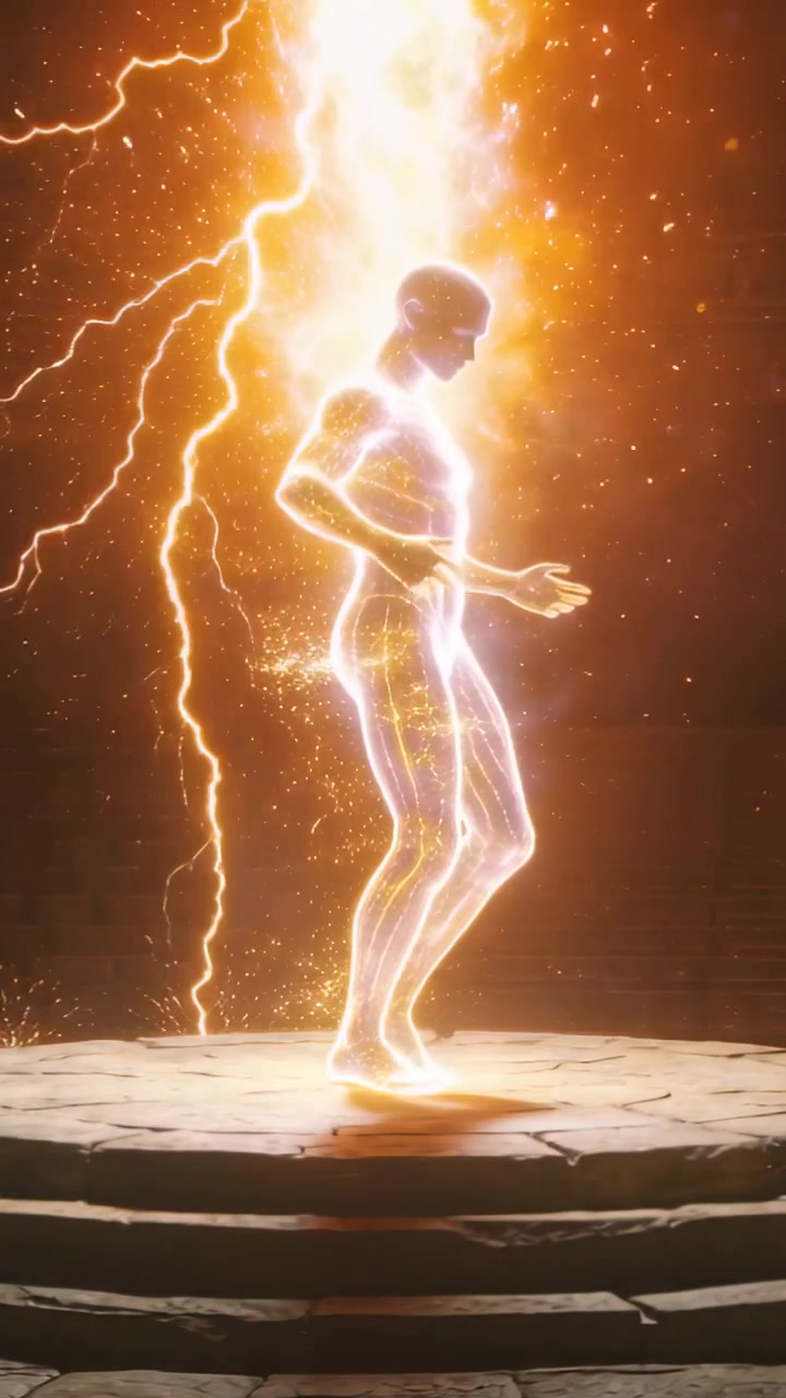 Vídeo vertical: Coluna de energia ascendente impulsionando figura extraindo energia em pedestal, gerando raios