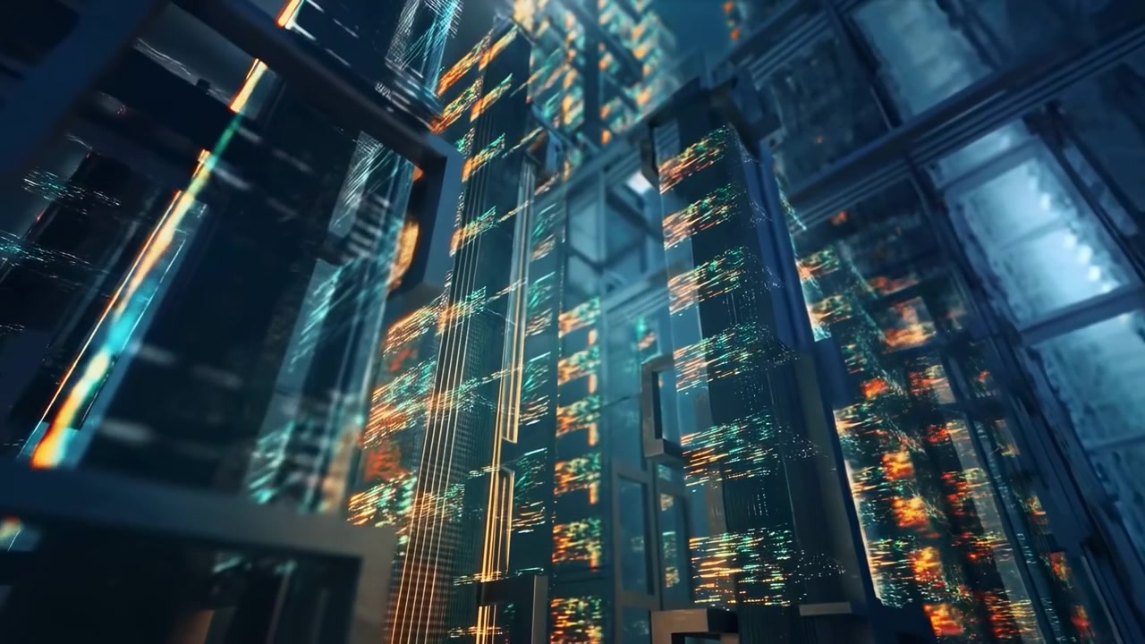 Dark metallic structures frame a high-tech interior with bright cyan and orange light streaks, creating a dramatic view of a modern urban network with depth