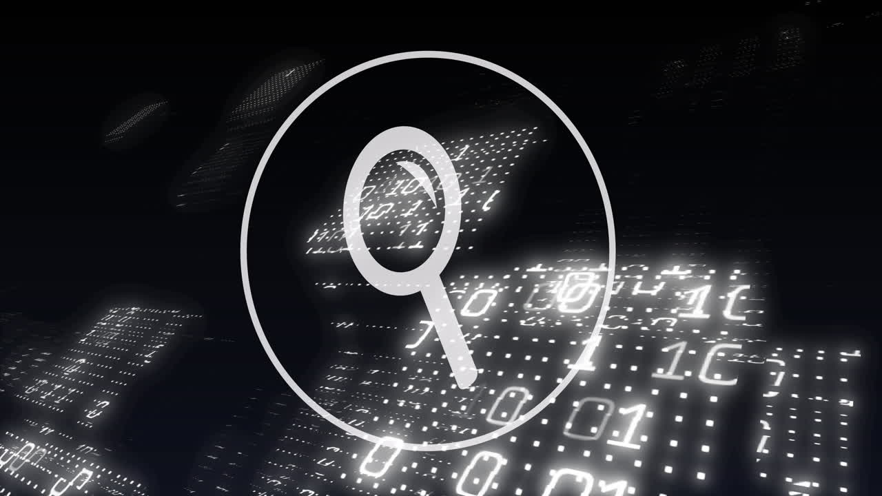 animación del icono digital de la lupa, codificación binaria y procesamiento de datos