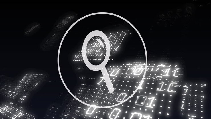 Animation of magnifying glass digital icon, binary coding and data processing