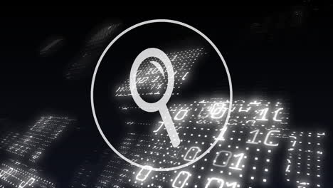 Animation of magnifying glass digital icon, binary coding and data processing